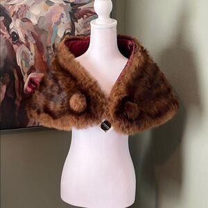 Elegant Brown Fur Shawl with Pom Pom